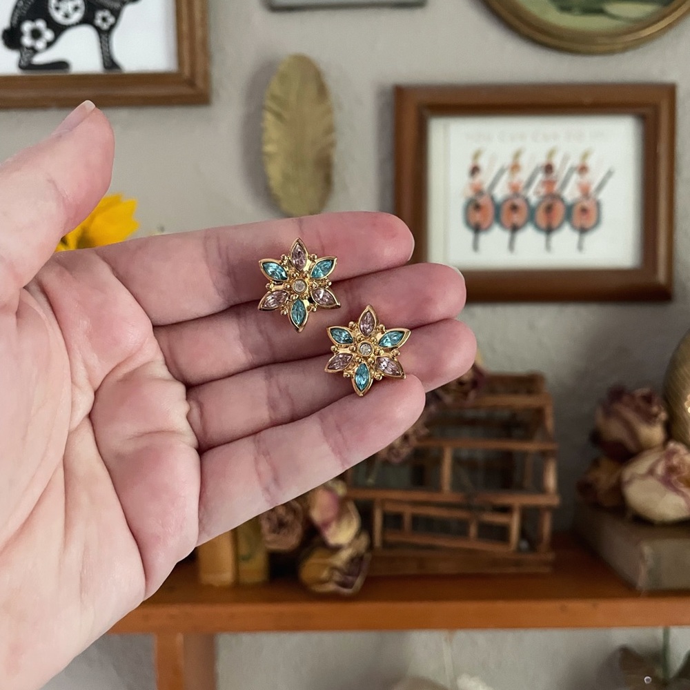 Vintage Pink and Teal Starflower Costume Earrings